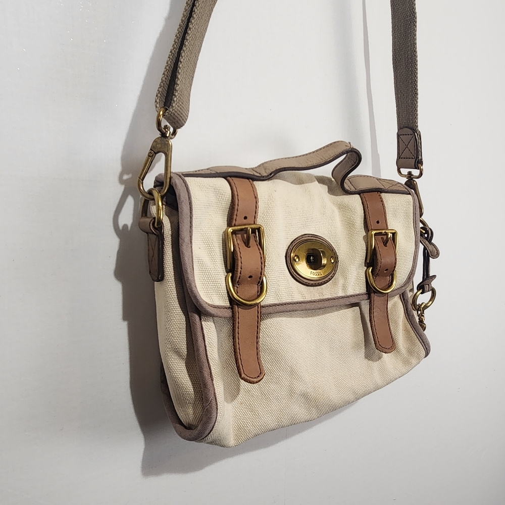 Fossil Vintage Canvas & Leather Crossbody Purse Beige - Picture 4 of 9
